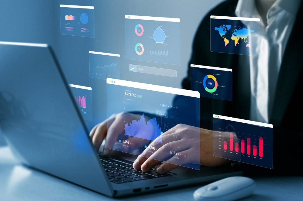 Healthcare professional using digital dashboard to manage patient support programs and PRM platform data