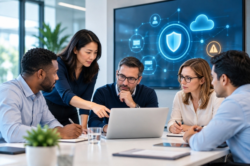 Business technology team reviewing healthcare cybersecurity threats